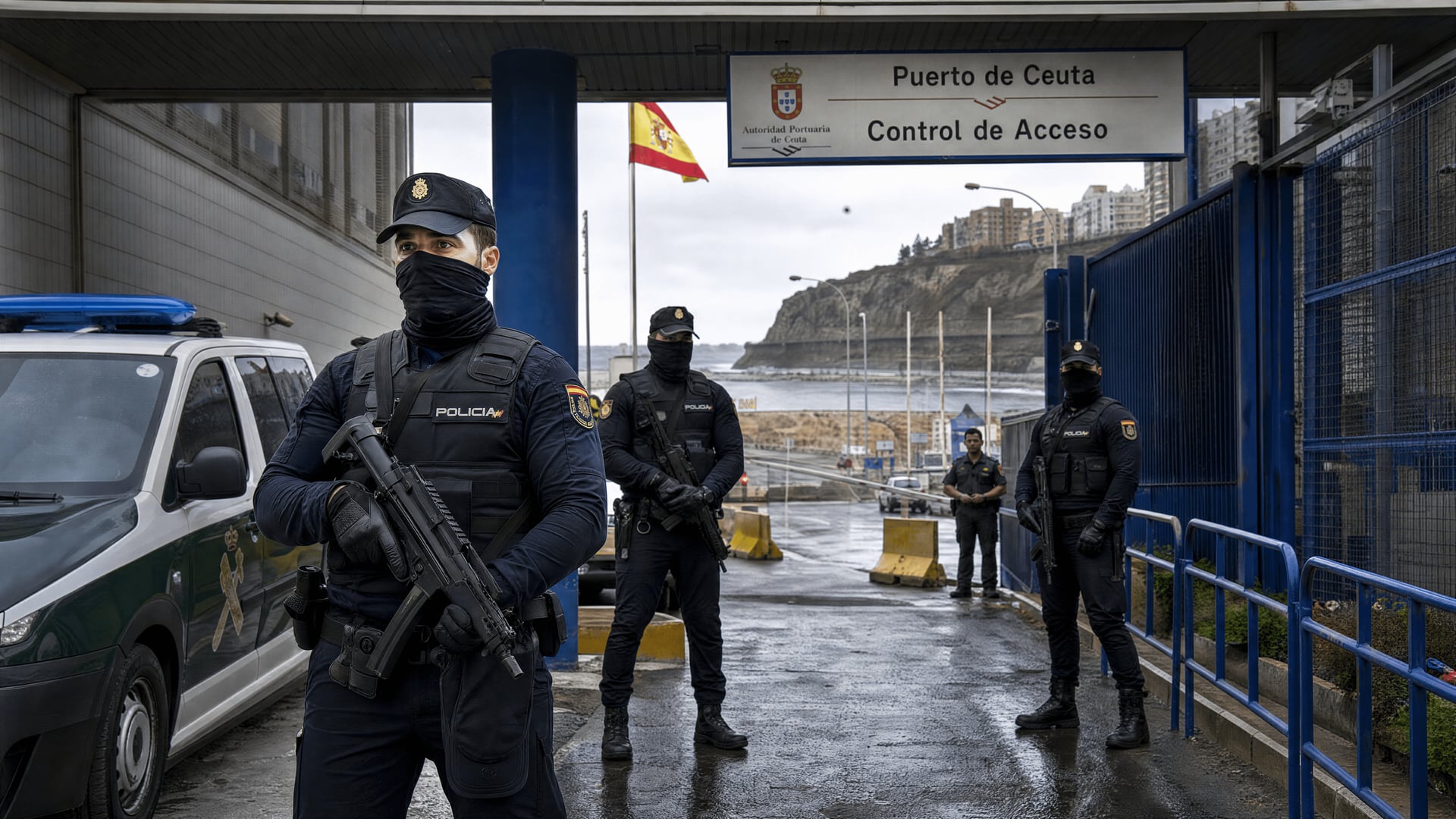Spanish security forces near Ceuta’s Tarajal maritime border after the mass migration crisis