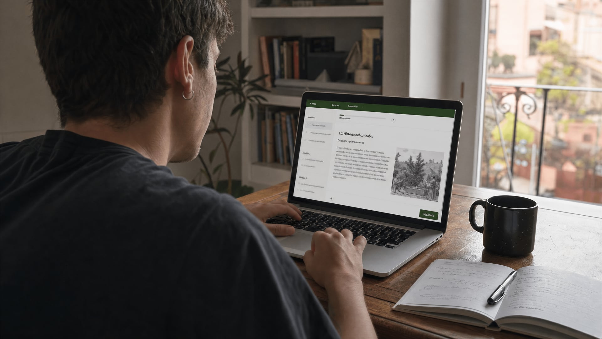 Student reviewing an En Volá online education module on a laptop at home