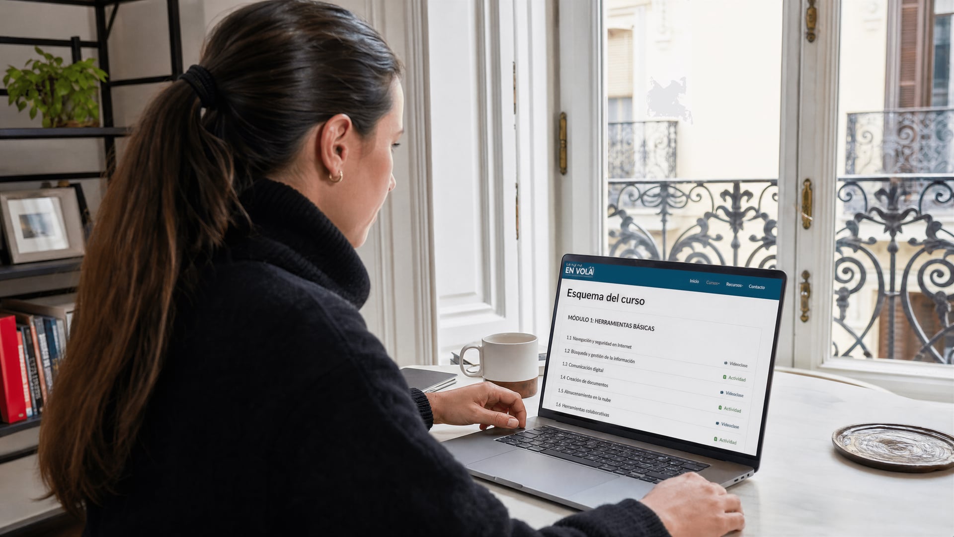 Madrid resident viewing an En Volá online course outline on a laptop at home